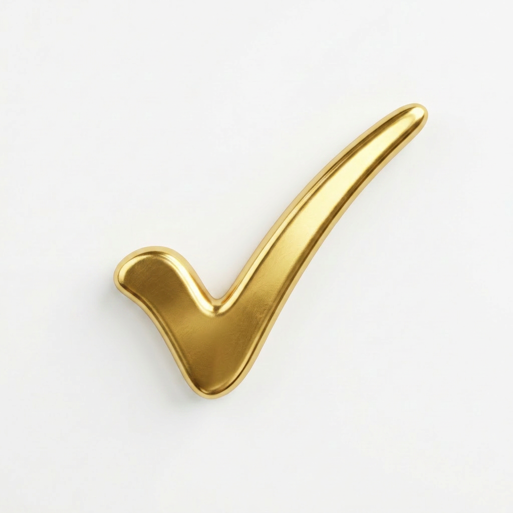Gold check mark symbol on white background indicating confirmation